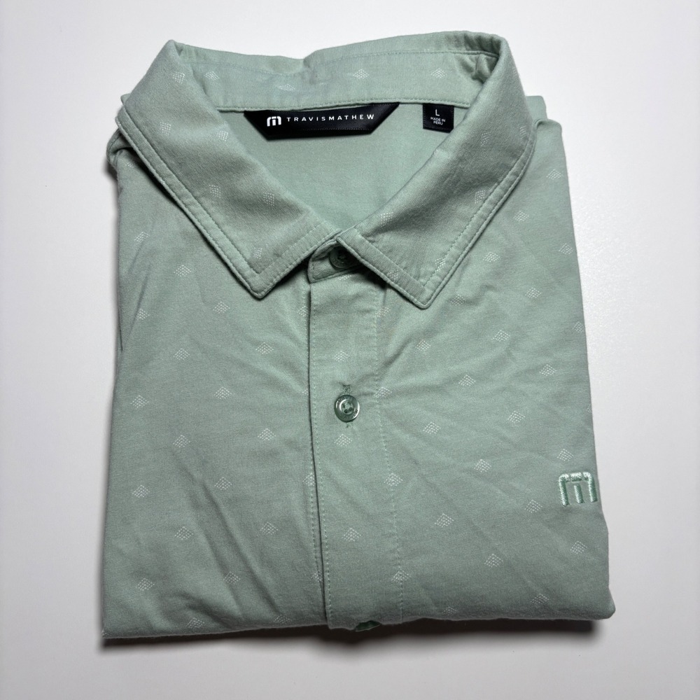 TravisMathew Button Up Golf Shirt Men L Light Green Geometric Print Short Sleeve - Picture 2 of 9